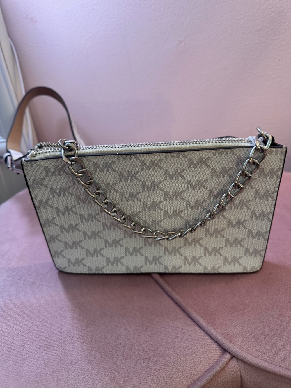 Michael Kors White Beige MK Logo Chain Crossbody